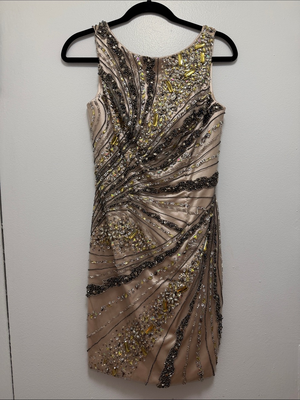 Jovani - Beaded Nude Cocktail Dress with Metallic Embellishments